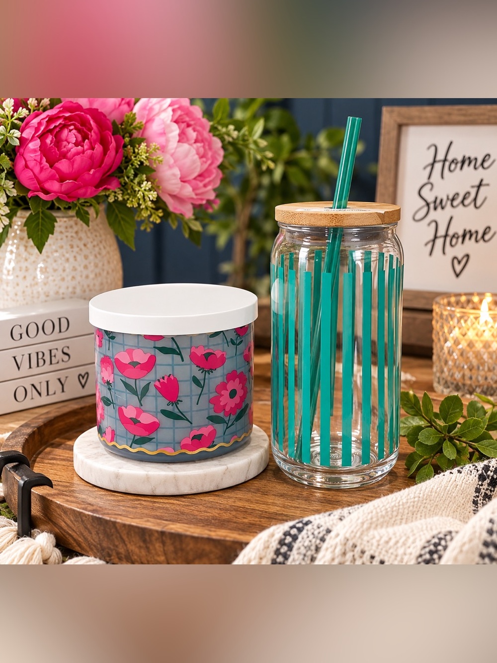 NWT (2) Piece Set:  ‘Pink Apple Peony’ Candle & Acrylic  Tumbler ‘Teal  Stripe’